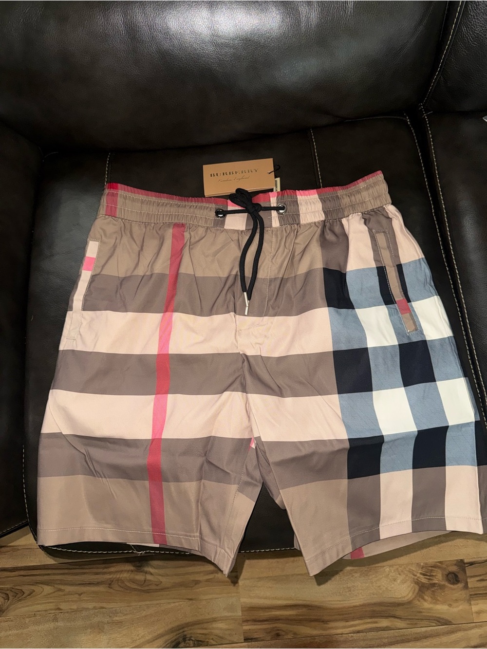 Burberry Beige Check Swim Trunks with Blue and Red Accents